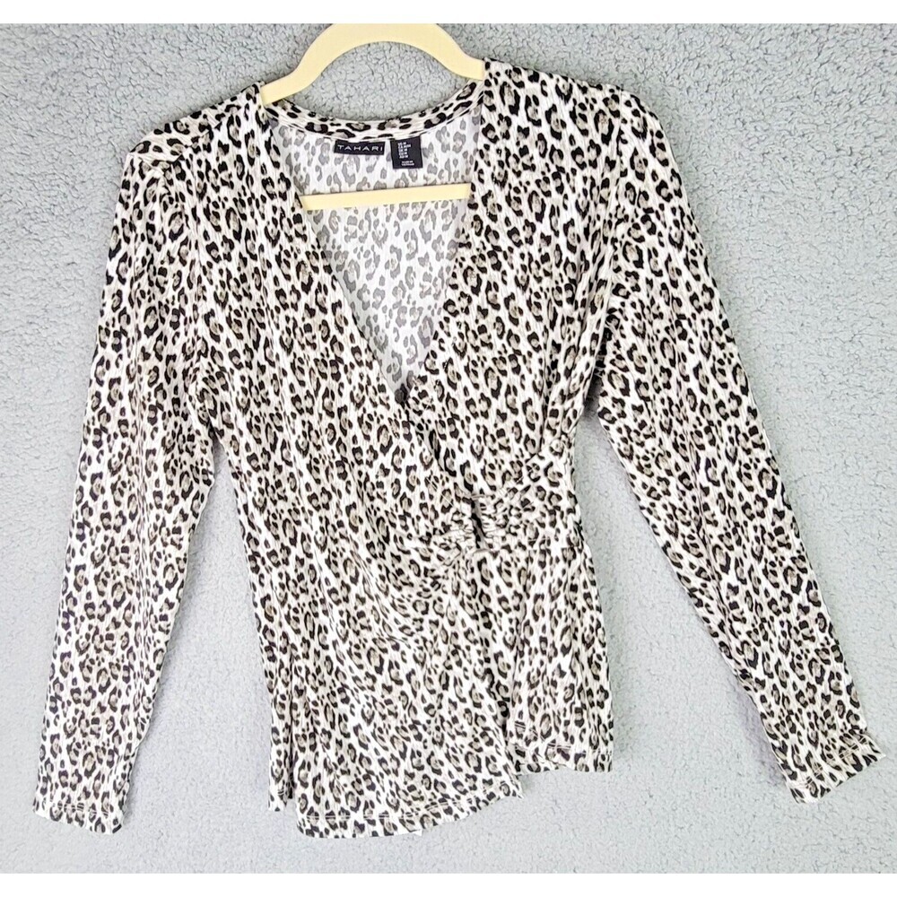 Tahari Womens Blouse Medium Office Siren Surplice Neckline Gold Buckle Slimming